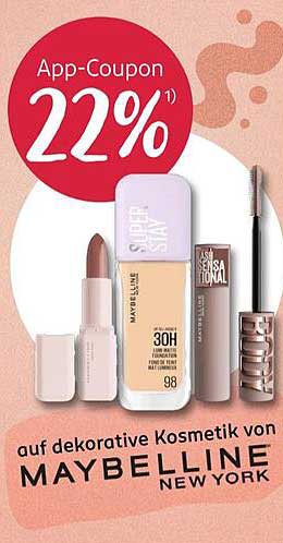 App-Coupon 22% auf dekorative Kosmetik von MAYBELLINE NEW YORK