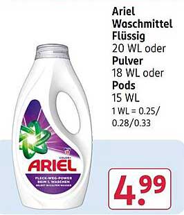 Ariel Waschmittel Flüssig 20 WL oder Pulver 18 WL oder Pods 15 WL