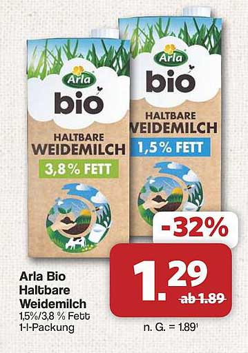 Arla Bio Haltbare Weidemilch 1,5%/3,8 % Fett 1 l-Packung