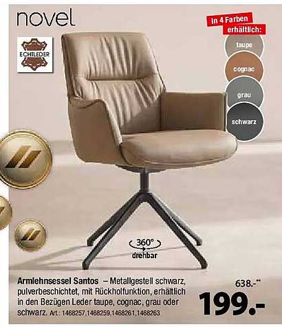 Armlehnsessel Santos – Metallgestell schwarz, pulverbeschichtet, mit Rückholfunktion, erhältlich in den Bezügen Leder taupe, cognac, grau oder schwarz
