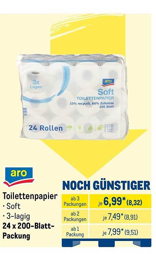 aro Toilettenpapier Soft 3-lagig 24 x 200-Blatt-Packung