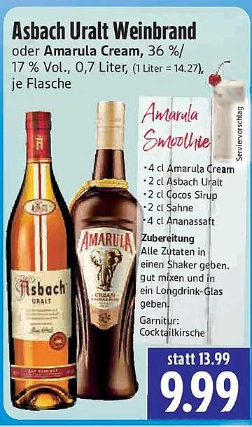 Asbach Uralt Weinbrand oder Amarula Cream, 36 %/17 % Vol., 0,7 Liter, (1 Liter = 14.27), je Flasche