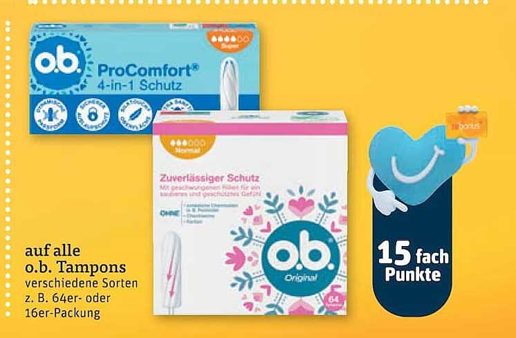 auf alle o.b. Tampons verschiedene Sorten z. B. 64er- oder 16er-Packung
