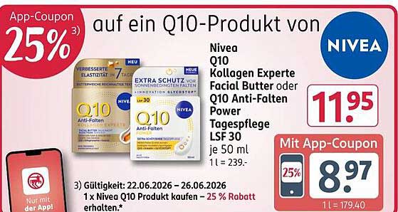 auf ein Q10-Produkt von Nivea Q10 Kollagen Expertene Facial Butter oder Q10 Anti-Falten Power Tagespflege LSF 30 je 50 ml