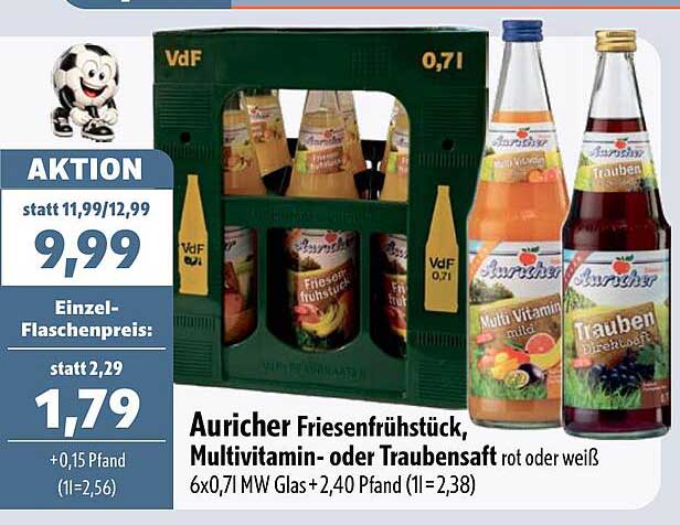Auricher Friesenfrühstück, Multivitamin- oder Traubensaft rot oder weiß 6x0,7l MW Glas +2,40 Pfand (1l=2,38)