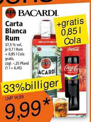 BACARDI Carta Blanca Rum +gratis 0,85 l Cola