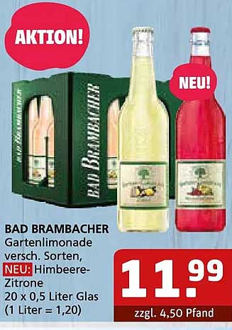 BAD BRAMBACHER Gartenlimonade versch. Sorten, NEU: Himbeere-Zitrone 20 x 0,5 Liter Glas (1 Liter = 1,20)