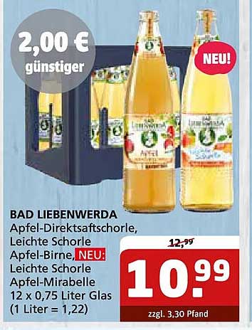 BAD LIEBENWERDA Apfel-Direktsaftschorle, Leichte Schorle Apfel-Birne, NEU! Leichte Schorle Apfel-Mirabelle 12 x 0,75 Liter Glas (1 Liter = 1,22)