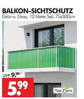 BALKON-SICHTSCHUTZ Grün o. Grau, 12 Meter Seil, 75x500cm
