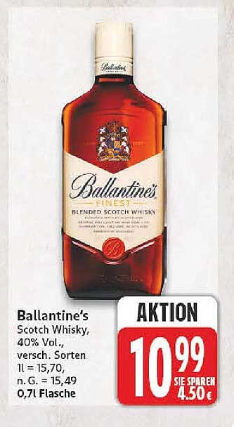 Ballantine's Scotch Whisky, 40% Vol., versch. Sorten, 1l = 15,70, n.G. = 15,49, 0,7l Flasche