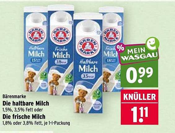 Bärenmarke Die haltbare Milch 1,5%, 3,5% Fett oder Die frische Milch 1,8% oder 3,8% Fett, je 1-L-Packung