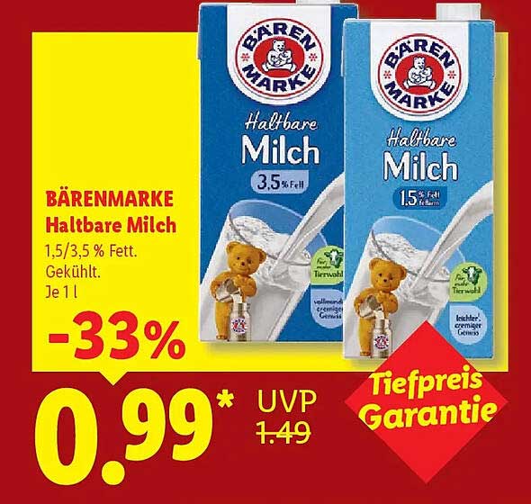 BÄRENMARKE Haltbare Milch 1,5/3,5% Fett. Gekühlt. Je 1 l