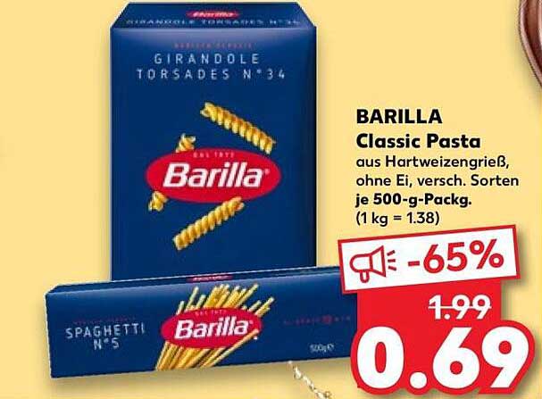 BARILLA Classic Pasta aus Hartweizengrieß, ohne Ei, versch. Sorten je 500-g-Pack. (1 kg = 1.38)