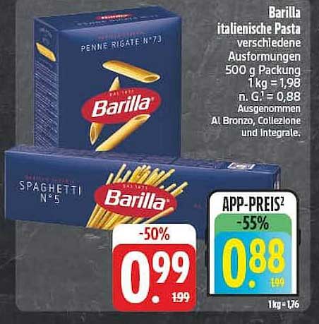 Barilla italienische Pasta verschiedene Ausformungen 500 g Packung 1 kg = 1,98 n. G! = 0,88 Ausgenommen Al Bronzo, Collezione und Integrale.