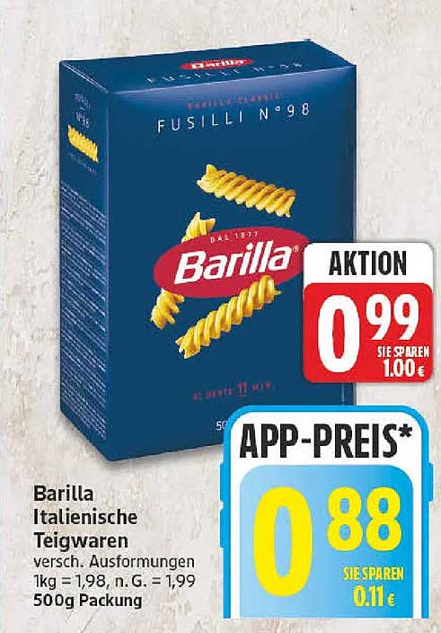 Barilla Italienische Teigwaren versch. Ausformungen 1kg = 1,98, n. G. = 1,99 500g Packung
