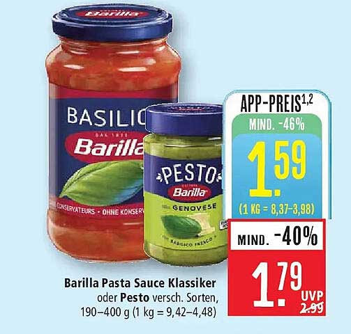 Barilla Pasta Sauce Klassiker oder Pesto versch. Sorten, 190–400 g (1 kg = 9,42–4,48)