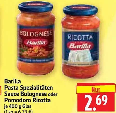 Barilla Pasta Spezialitäten Sauce Bolognese oder Pomodoro Ricotta je 400 g Glas
