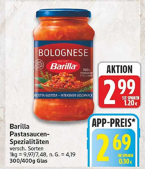 Barilla Pastasaucen-Spezialitäten versch. Sorten 1kg = 9,97/7,48, n. G. = 4,19 300/400g Glas