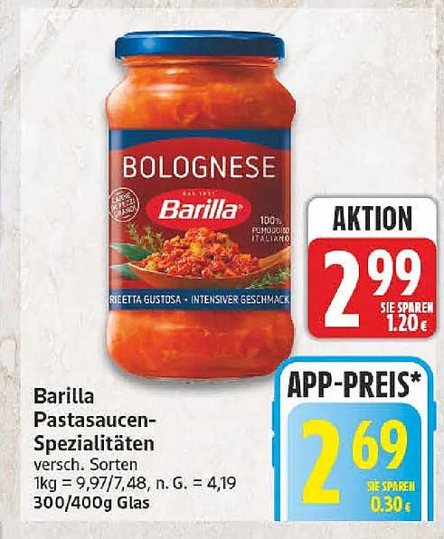 Barilla Pastasaucen-Spezialitäten versch. Sorten 1kg = 9,97/7,48, n. G. = 4,19 300/400g Glas
