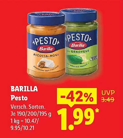 BARILLA Pesto Versch. Sorten. Je 190/200/195 g 1 kg = 10.47/9.95/10.21