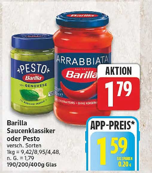 Barilla Saucenklassiker oder Pesto versch. Sorten 1kg = 9,42/8,95/4,48, n. G. = 1,79 190/200/400g Glas