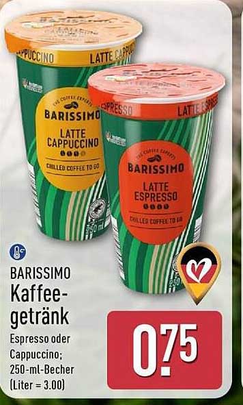 BARISSIMO Kaffeegetränk Espresso oder Cappuccino; 250-ml-Becher (Liter = 3.00)