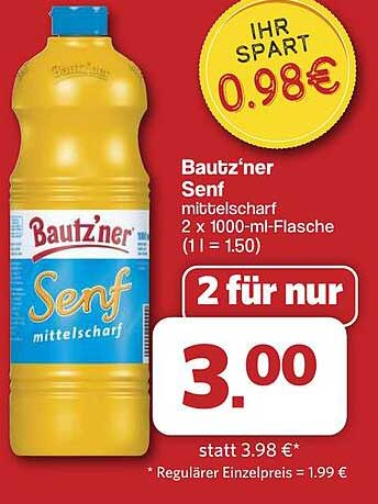 Bautz’ner Senf mittelscharf 2 x 1000-ml-Flasche (1 l = 1.50)