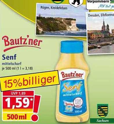 Bautzner Senf mittelscharf je 500 ml (1 l = 3,18)