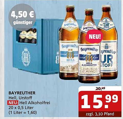 BAYREUTHER Hell, Urstoff NEU: Hell Alkoholfrei 20 x 0,5 Liter (1 Liter = 1,60)