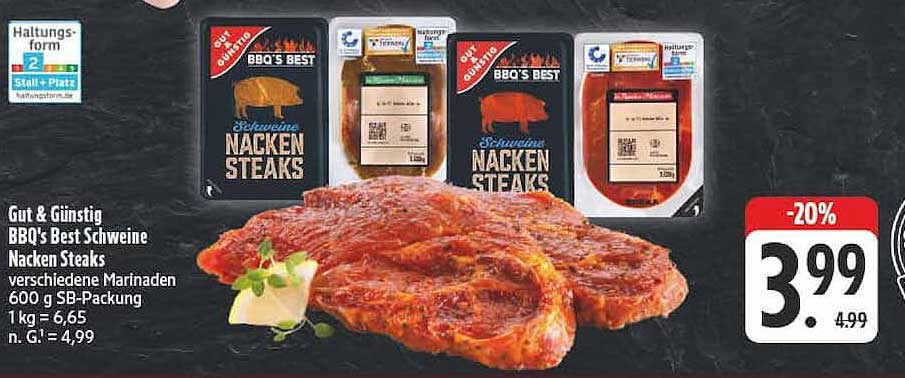 BBQ's Best Schweine Nacken Steaks verschiedene Marinaden 600 g SB-Packung 1 kg = 6,65 n. G.: = 4,99