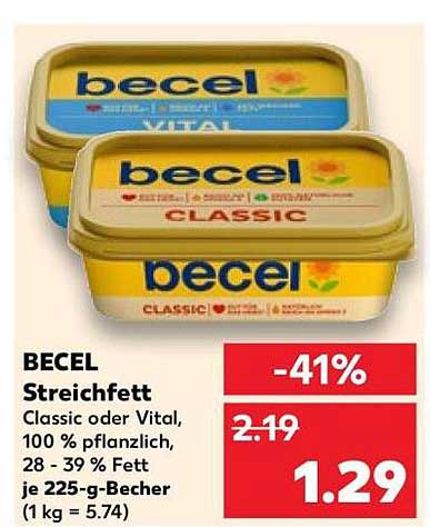BECEL Streichfett Classic oder Vital, 100 % pflanzlich, 28 - 39 % Fett je 225-g-Becher (1 kg = 5.74)