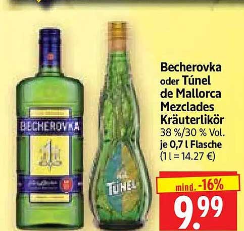 Becherovka oder Túnel de Mallorca Mezclades Kräuterlikör 38 %/30 % Vol. je 0,7 l Flasche (1 l = 14.27 €)