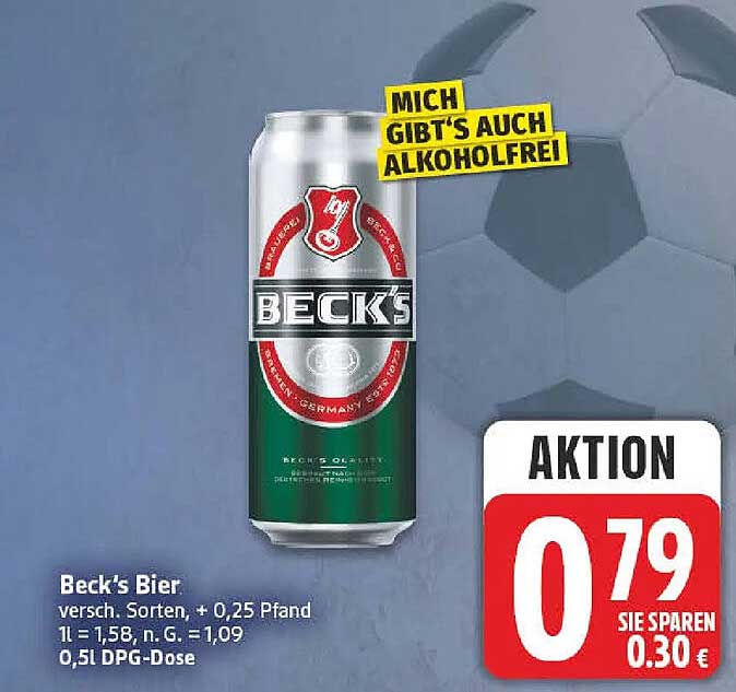 Beck's Bier, versch. Sorten, + 0,25 Pfand 1 l = 1,58, n. G. = 1,09 0,5l DPG-Dose