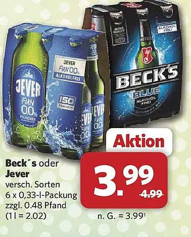 Beck´s oder Jever versch. Sorten 6 x 0,33-l-Packung zzgl. 0.48 Pfand (1 l = 2.02)