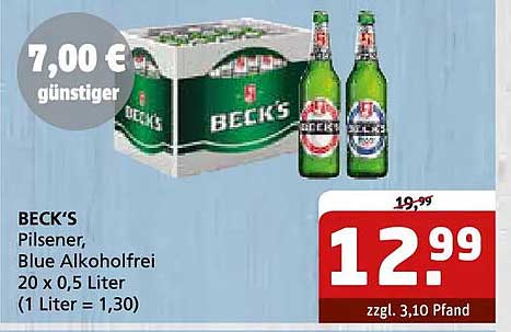 BECK'S Pilsener, Blue Alkoholfrei 20 x 0,5 Liter (1 Liter = 1,30)