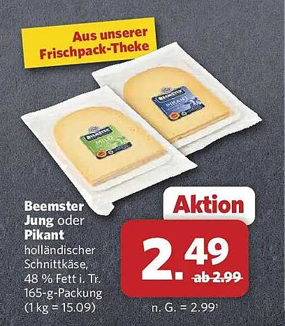 Beemster Jung oder Pikant holländischer Schnittkäse, 48 % Fett i. Tr. 165-g-Packung (1 kg = 15.09)