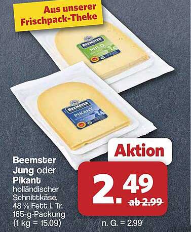 Beemster Jung oder Pikant holländischer Schnittkäse, 48 % Fett i. Tr., 165-g-Packung (1 kg = 15.09)