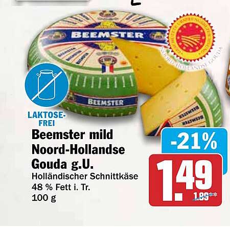 Beemster mild Noord-Hollandse Gouda g.U. Holländischer Schnittkäse 48 % Fett i. Tr. 100 g