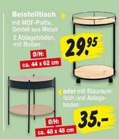 Beistelltisch mit MDF-Platte, Gestell aus Metall, 2 Ablageböden, mit Rollen