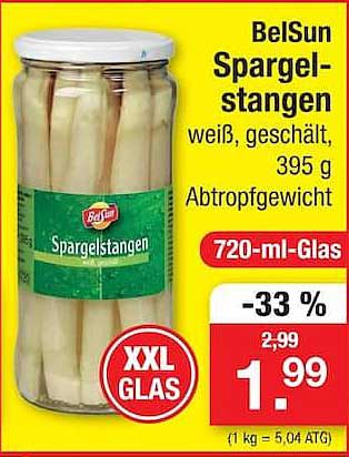 BelSun Spargelstangen weiß, geschält, 395 Abtropfgewicht 720-ml-Glas