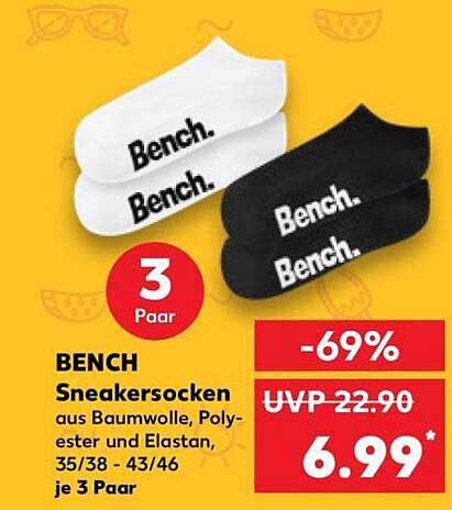 BENCH Sneakersocken aus Baumwolle, Polyester und Elasthan, 35/38 - 43/46, je 3 Paar