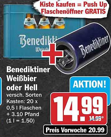 Benediktiner Weißbier oder Hell versch. Sorten Kasten: 20 x 0,5 l Flaschen + 3.10 Pfand (1 l = 1.50)