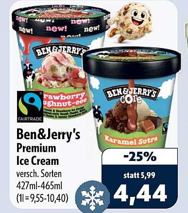 Ben&Jerry's Premium Ice Cream versch. Sorten 427ml-465ml (1l=9,55-10,40)