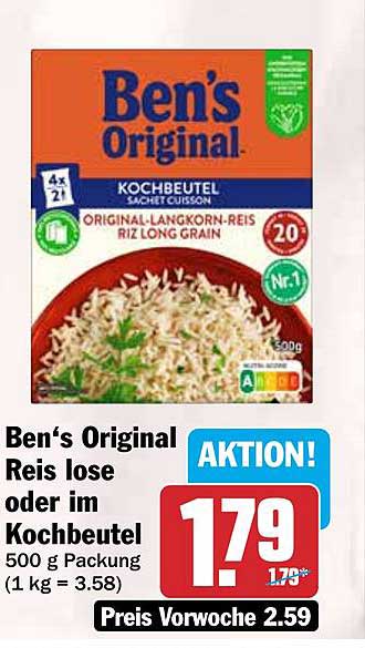 Ben’s Original Reis lose oder im Kochbeutel 500 g Packung (1 kg = 3.58)