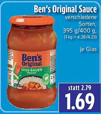 Ben's Original Sauce verschiedene Sorten, 395 g/400 g, (1 kg = 4.28/4.23) je Glas