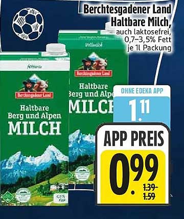 Berchtesgadener Land Haltbare Milch, auch laktosefrei, 0,7–3,5% Fett je 1L Packung