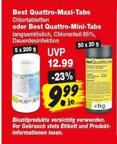 Best Quattro-Maxi-Tabs Chlortabletten oder Best Quattro-Mini-Tabs langsamlöslich, Chlorgehalt 85%, Dauerdesinfektion