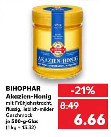 BIHOPHAR Akazien-Honig mit Frühjahrstracht, flüssig, lieblich-milder Geschmack je 500-g-Glas (1 kg = 13.32)