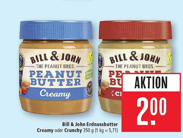 Bill & John Erdnussbutter Creamy oder Crunchy 350 g (1 kg = 5,71)
