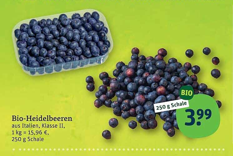 Bio-Heidelbeeren aus Italien, Klasse II, 1 kg = 15,96 €, 250 g Schale